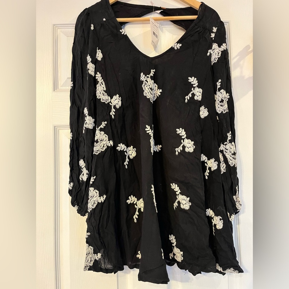 Free People Black Blouse with White Floral Design